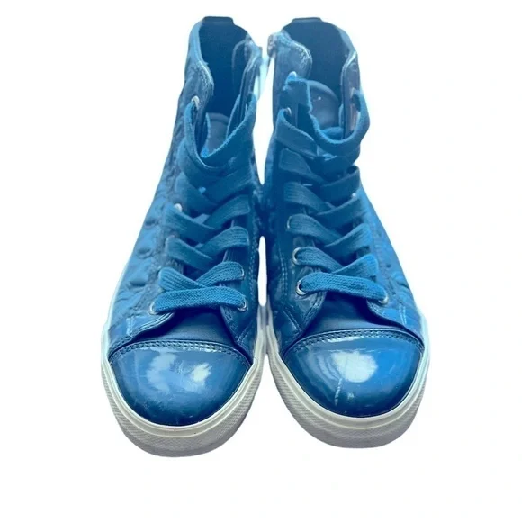 Love Moschino Blue Quilted Hearts Peace Sign High Top Sneakers - Picture 4 of 6
